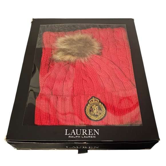 VTG Ralph Lauren Red Cable Knit Pom Beanie Hat Scarf Set Embroidered Crest‎ Logo main image 5